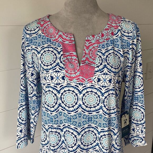 Caribbean Joe Womens UPF 50 Yoke Neck Dress Medallion Blue Sz Medium NWT… - Picture 3 of 10